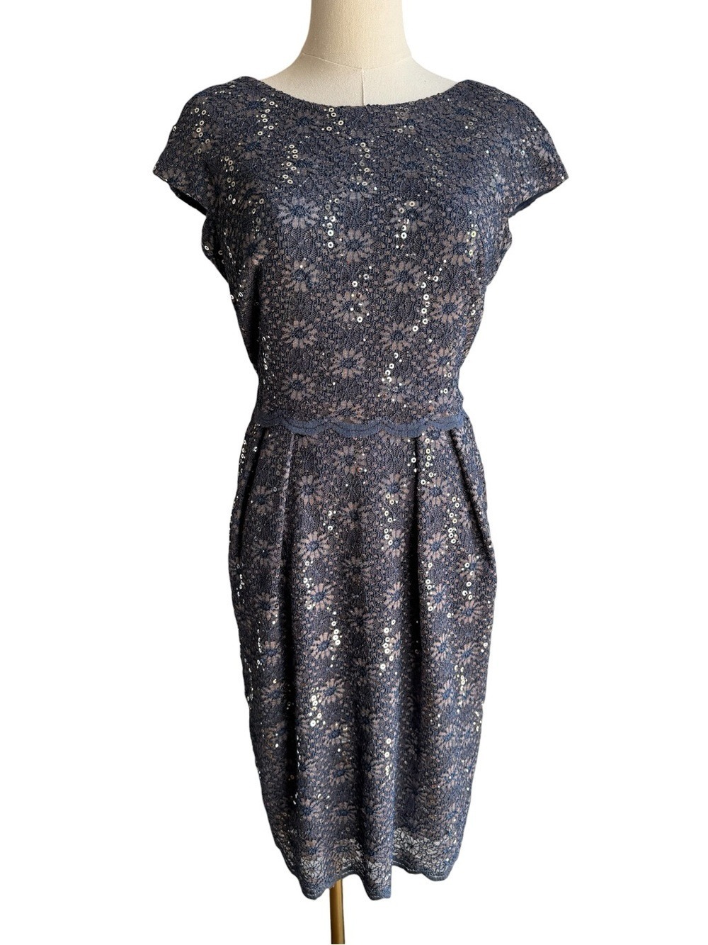 Alex Evenings Sequin Lace Cocktail Dress Sz 8P Periwinkle Blue Pockets! Formal